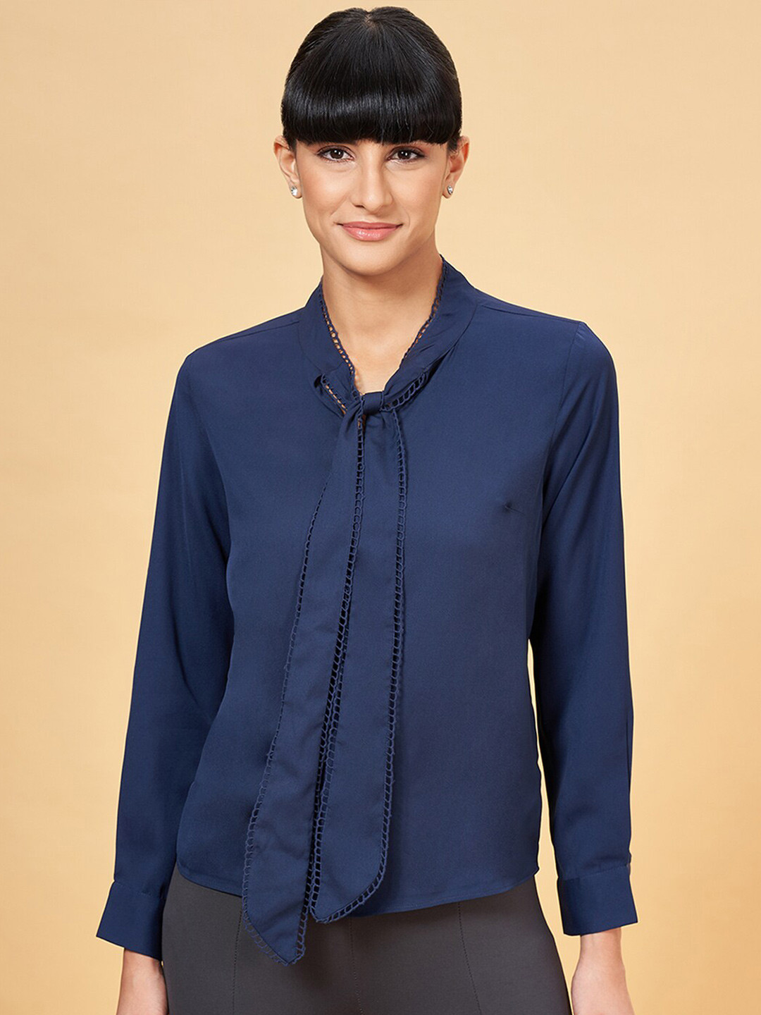 

Annabelle by Pantaloons Tie-Up Neck Long Sleeves Formal Shirt, Navy blue