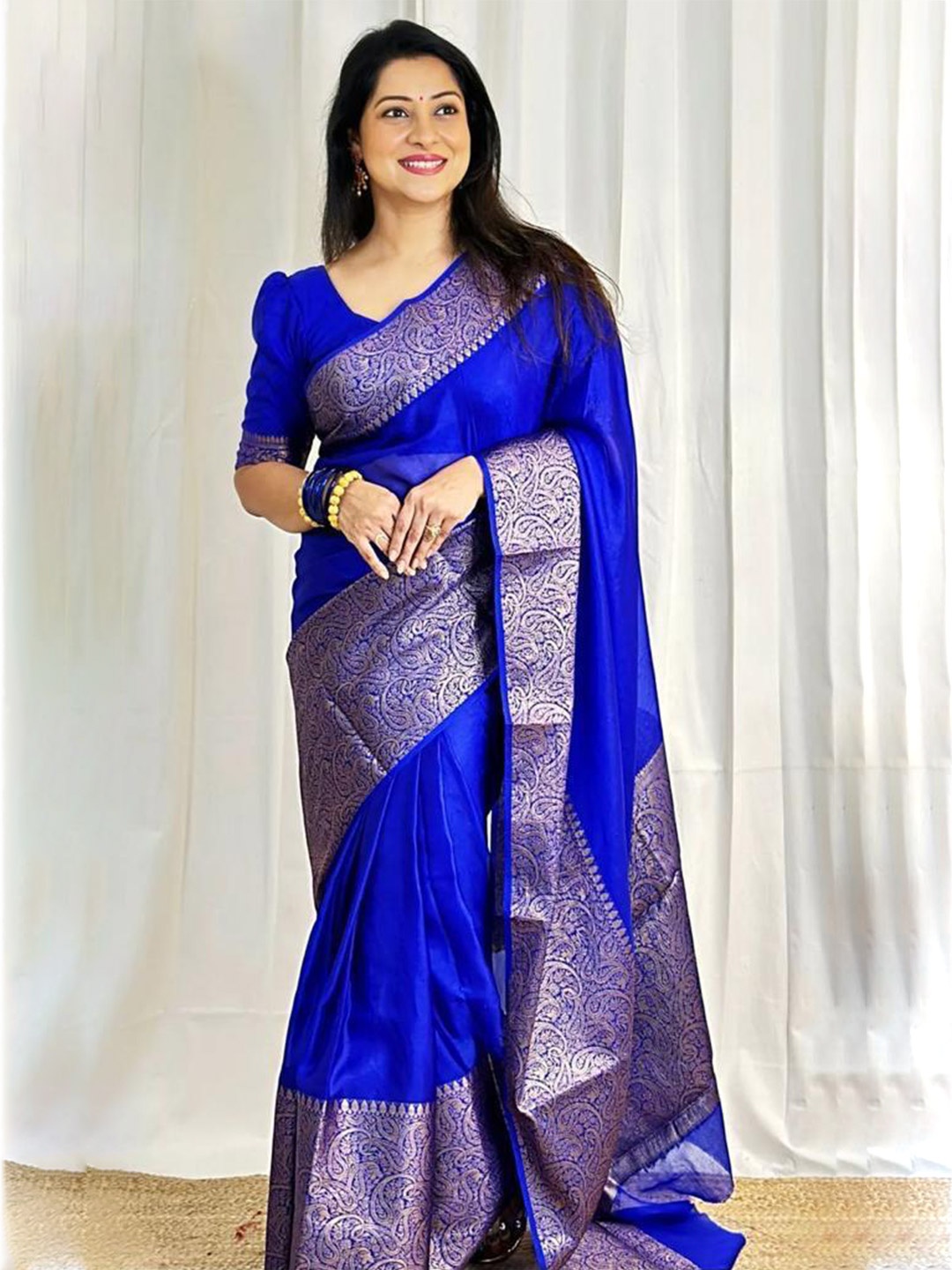 

MONERA Zari Silk Blend Banarasi Saree, Blue