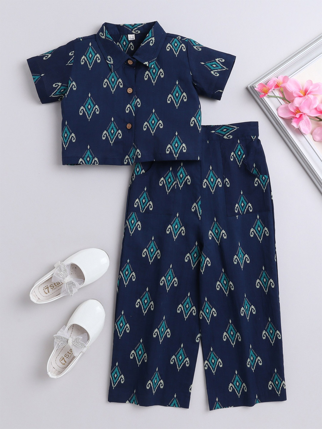 The Magic Wand Girls Printed Cotton Shirt With Palazzos, Navy blue