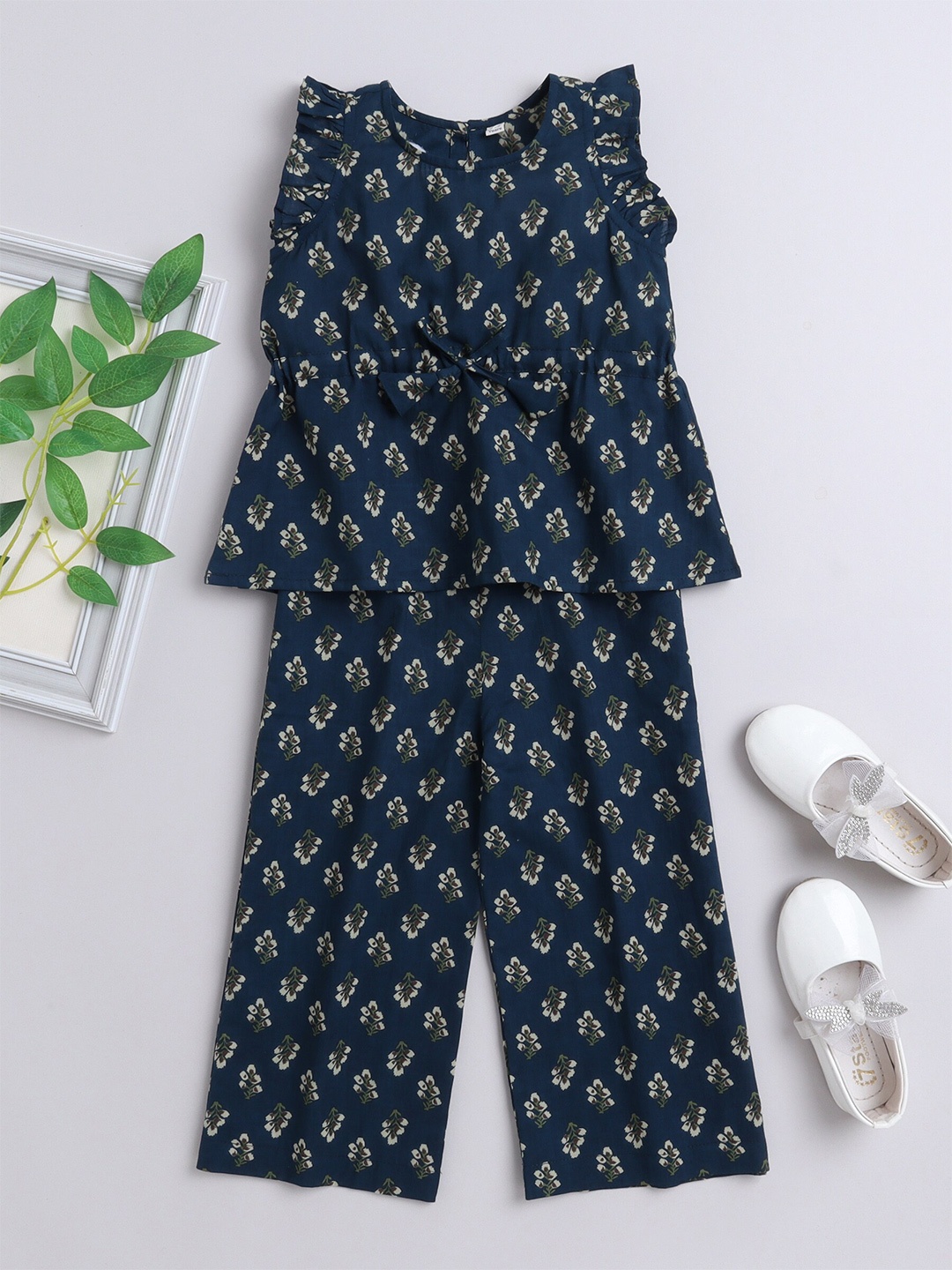 

The Magic Wand Girls Floral Printed Pure Cotton Tunic with Palazzos, Teal