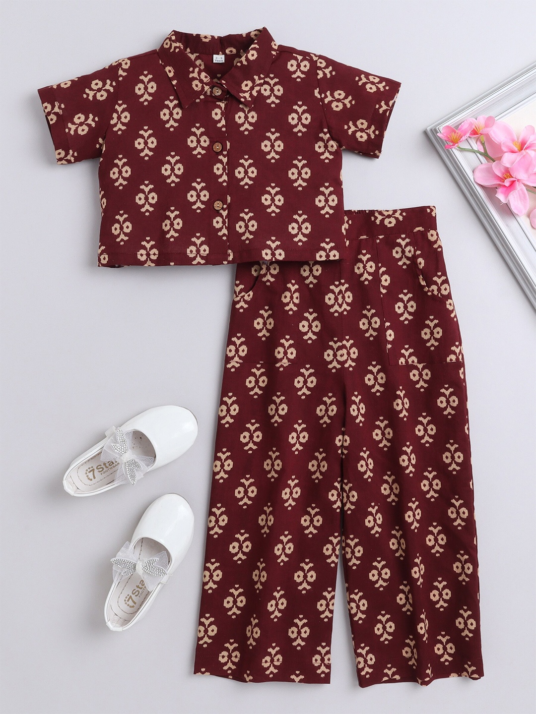 

The Magic Wand Girls Printed Pure Cotton Top with Palazzos, Maroon