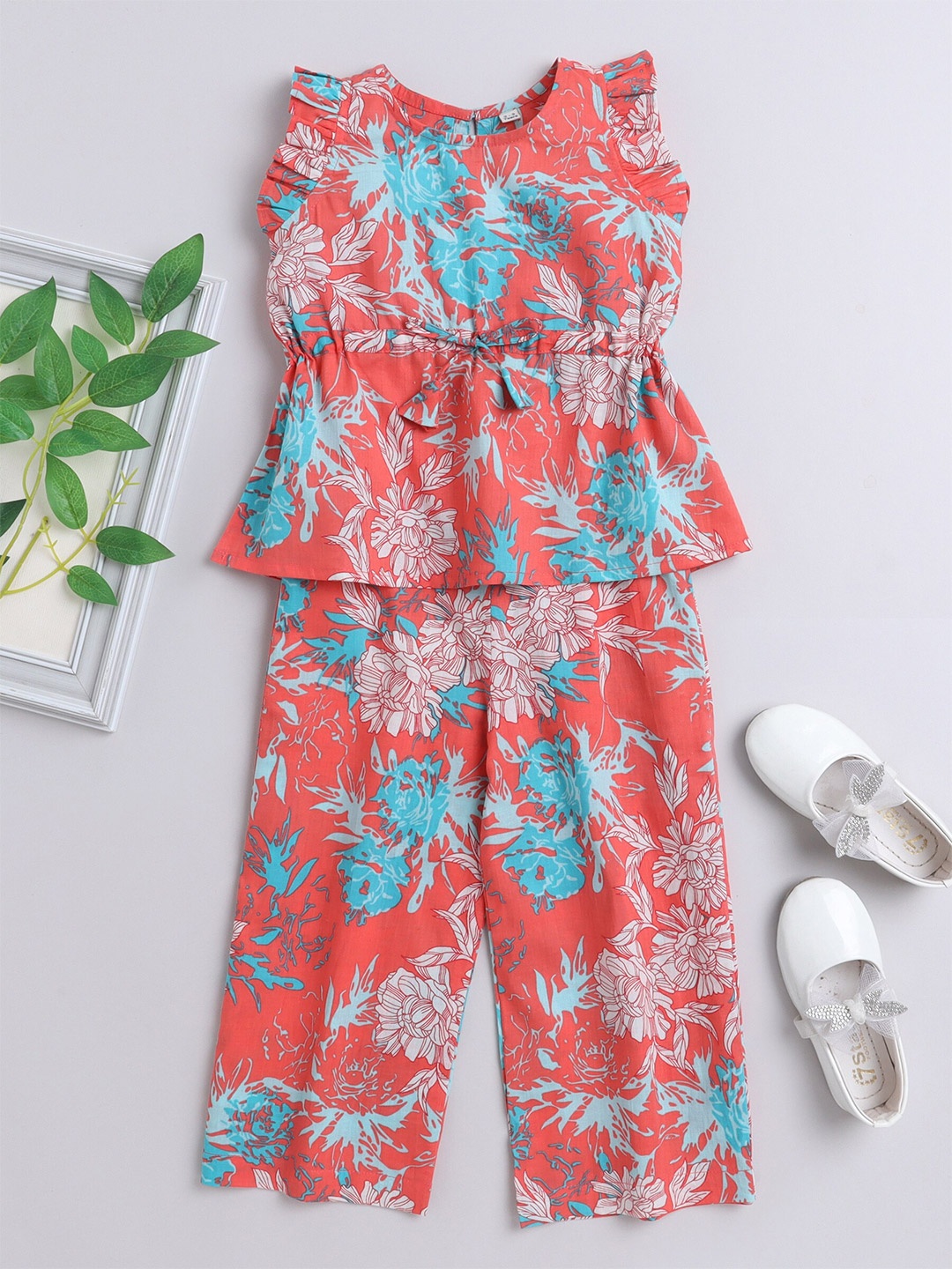 

The Magic Wand Girls Printed Pure Cotton Top With Palazzos, Coral