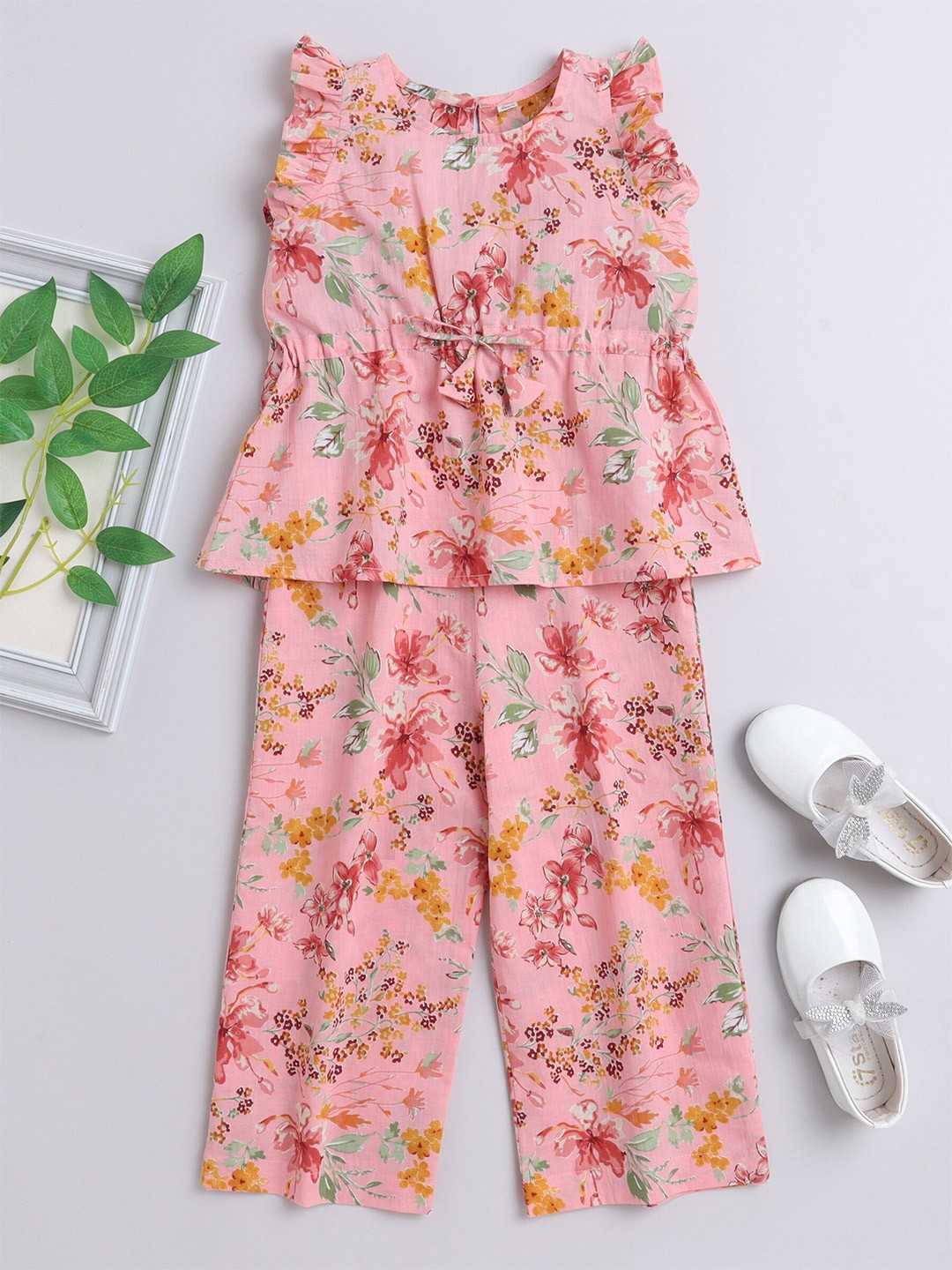 

The Magic Wand Girls Floral Printed Pure Cotton Top with Palazzos, Peach