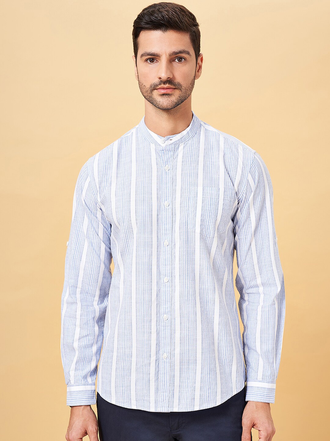 

BYFORD by Pantaloons Slim Fit Striped Mandarin Collar Casual Shirt, Blue