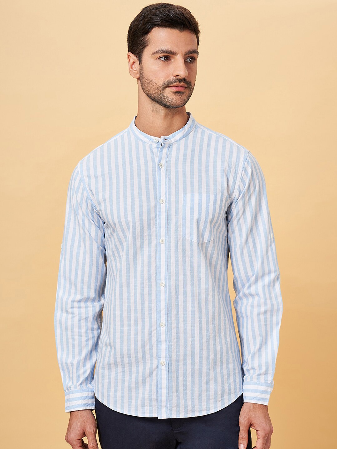 

BYFORD by Pantaloons Striped Mandarin Collar Casual Shirt, Blue