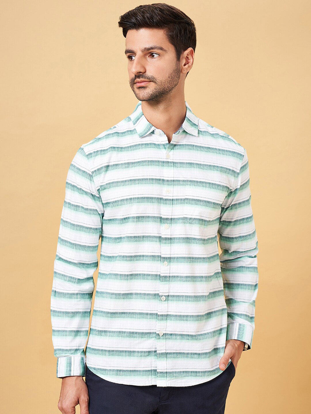 

BYFORD by Pantaloons Horizontal Striped Spread Cotton Collar Shirt, Green