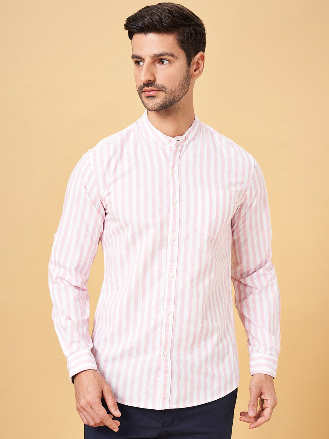 

BYFORD by Pantaloons Striped Mandarin Collar Cotton Casual Shirt, Pink