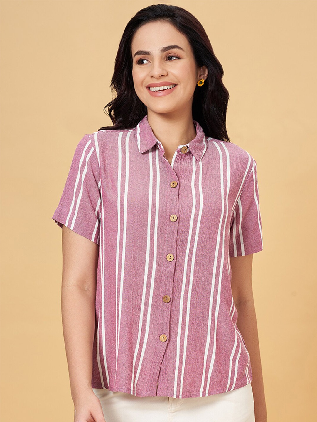 

Honey by Pantaloons Vertical Stripes Spread Collar Short Sleeves Casual Shirt, Pink