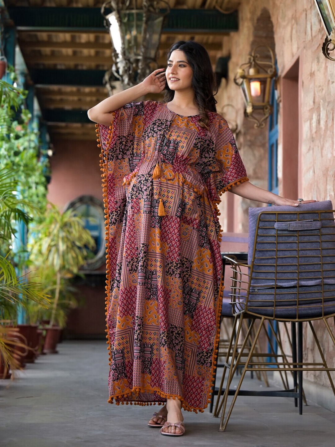 

Aujjessa Floral Printed Flutter Sleeve Kaftan Maternity Maxi Dress, Black
