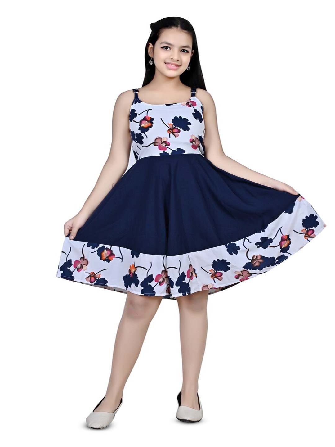 

BAESD Girls Floral Printed Shoulder Straps Cotton Fit & Flare Dress, Blue