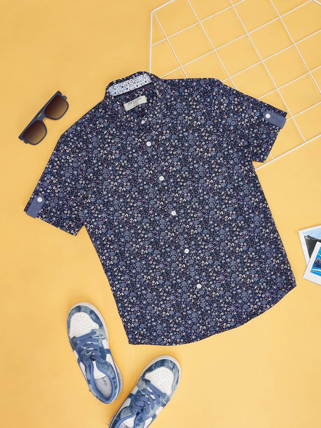 Pantaloons Junior Boys Floral Printed Pure Cotton Casual Shirt, Navy blue