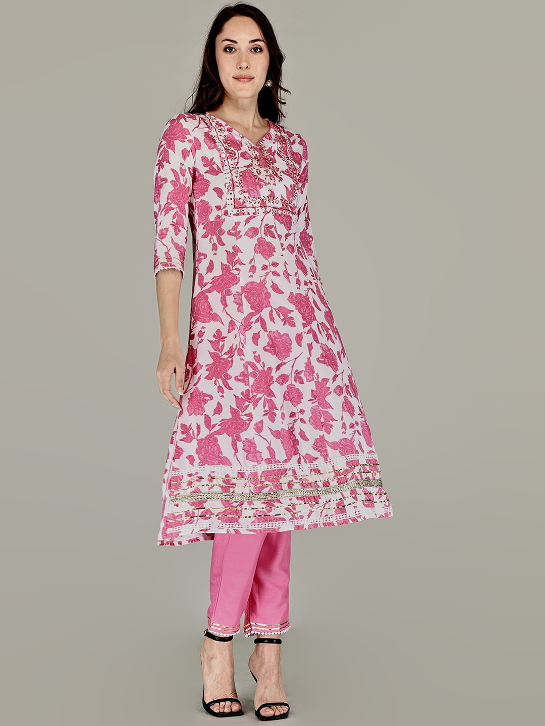 

BAESD Floral Embroidered Regular V-Neck Anarkali Kurta with Trouser & Dupatta, Pink