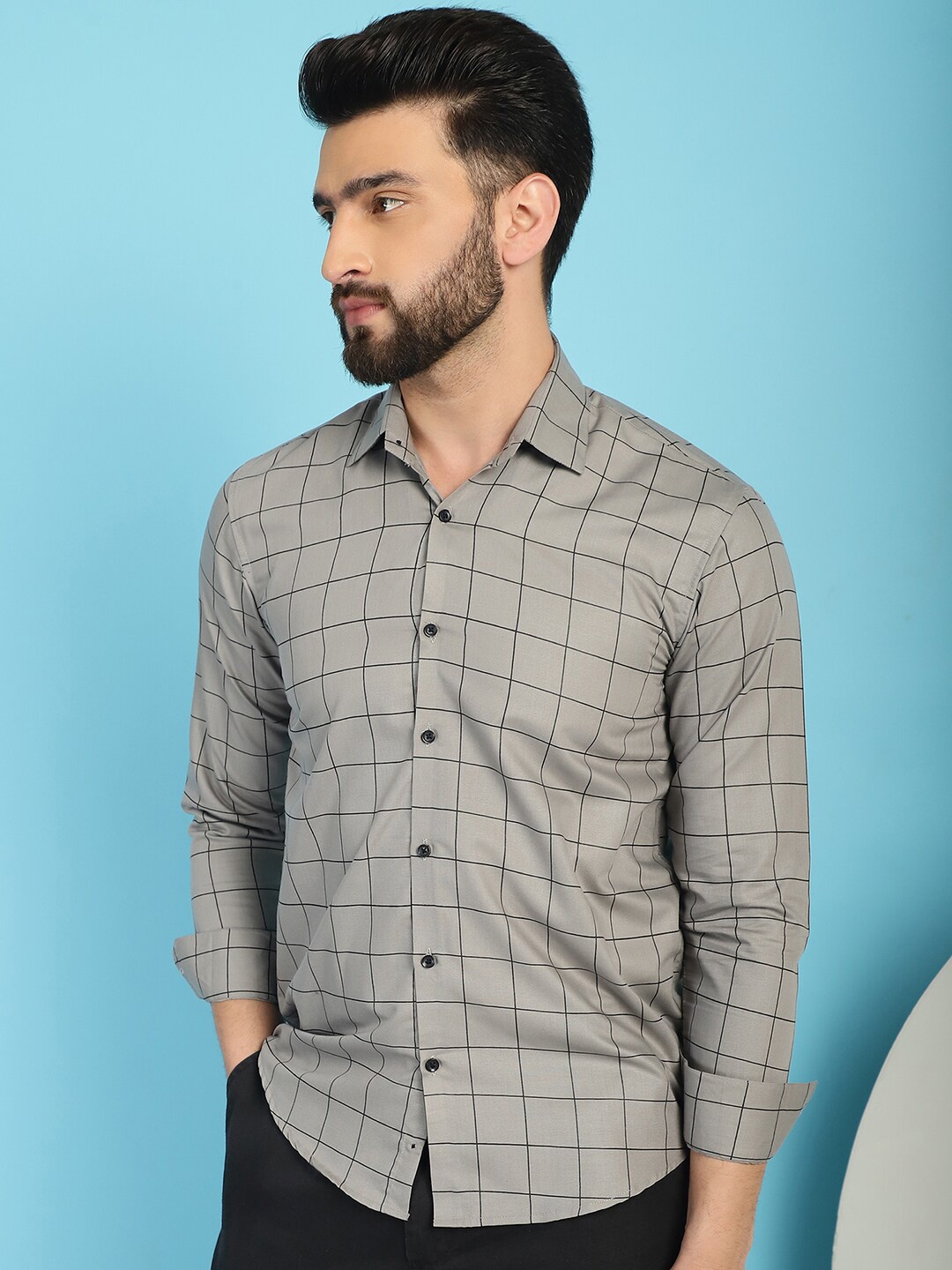 

Indian Needle Checked Spread Collar Cotton Casual Shirt, Grey