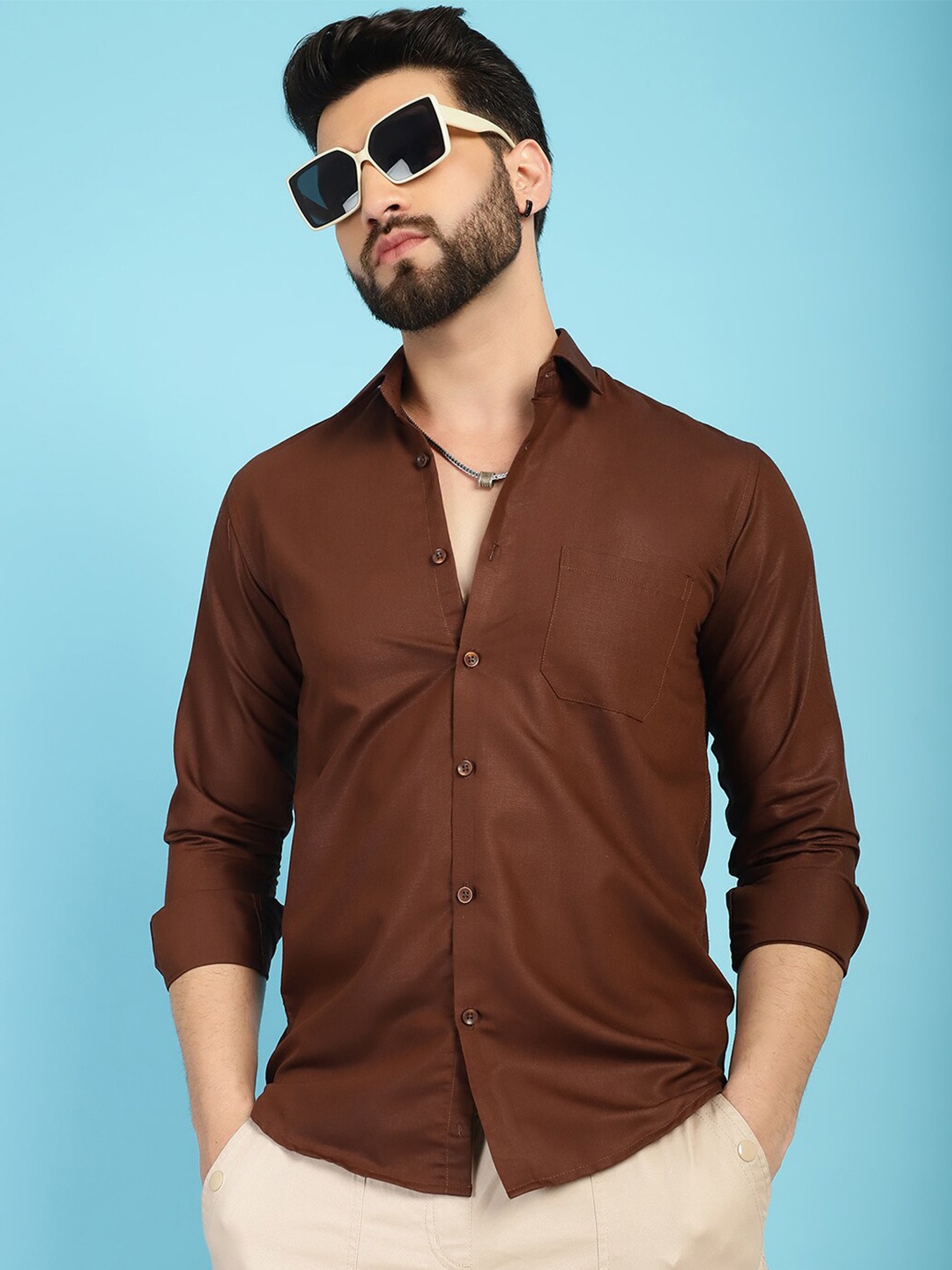 

Indian Needle Classic Spread Collar Casual Shirt, Coffee brown