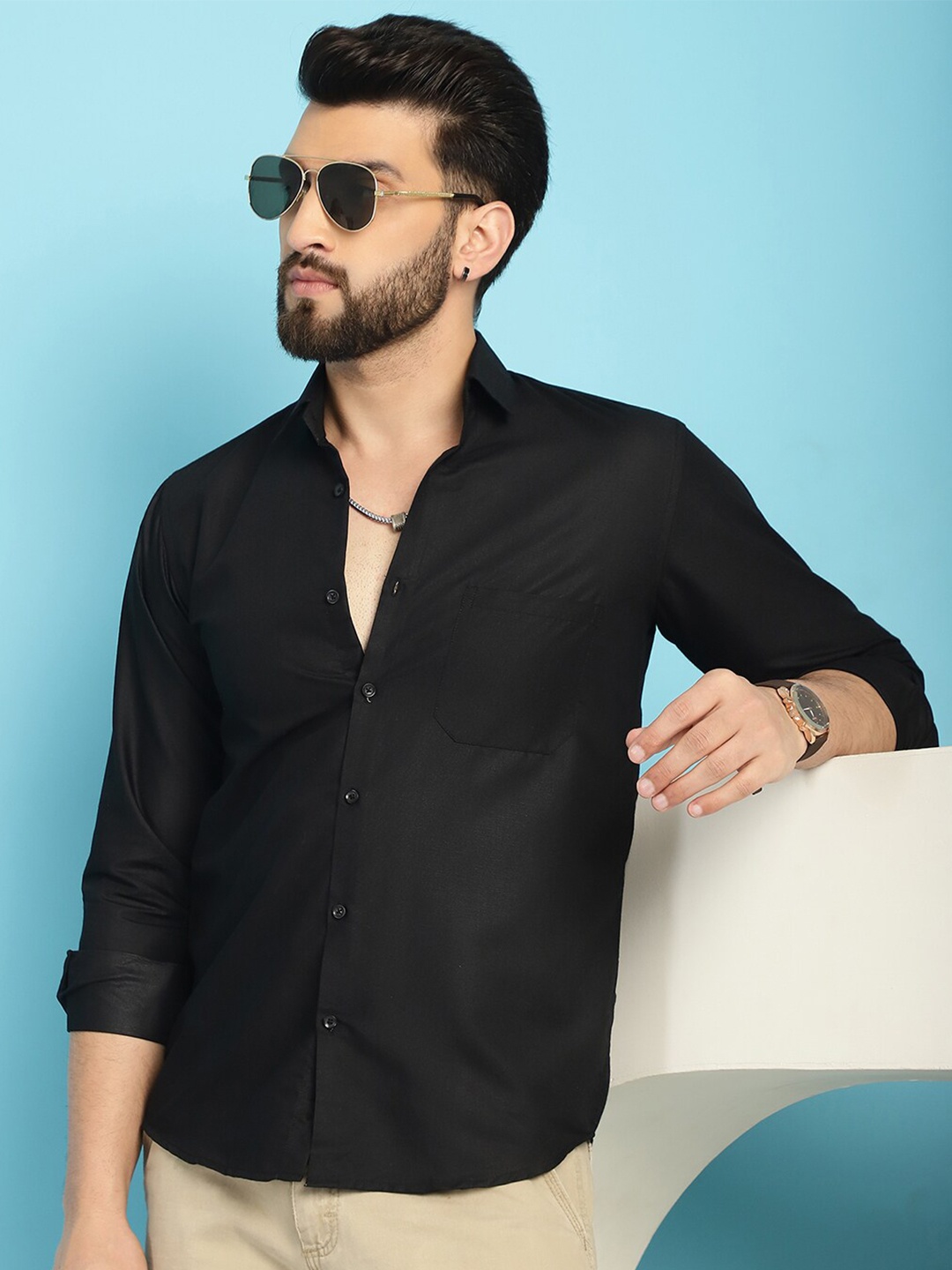 

Indian Needle Classic Spread Collar Long Sleeves Cotton Casual Shirt, Black