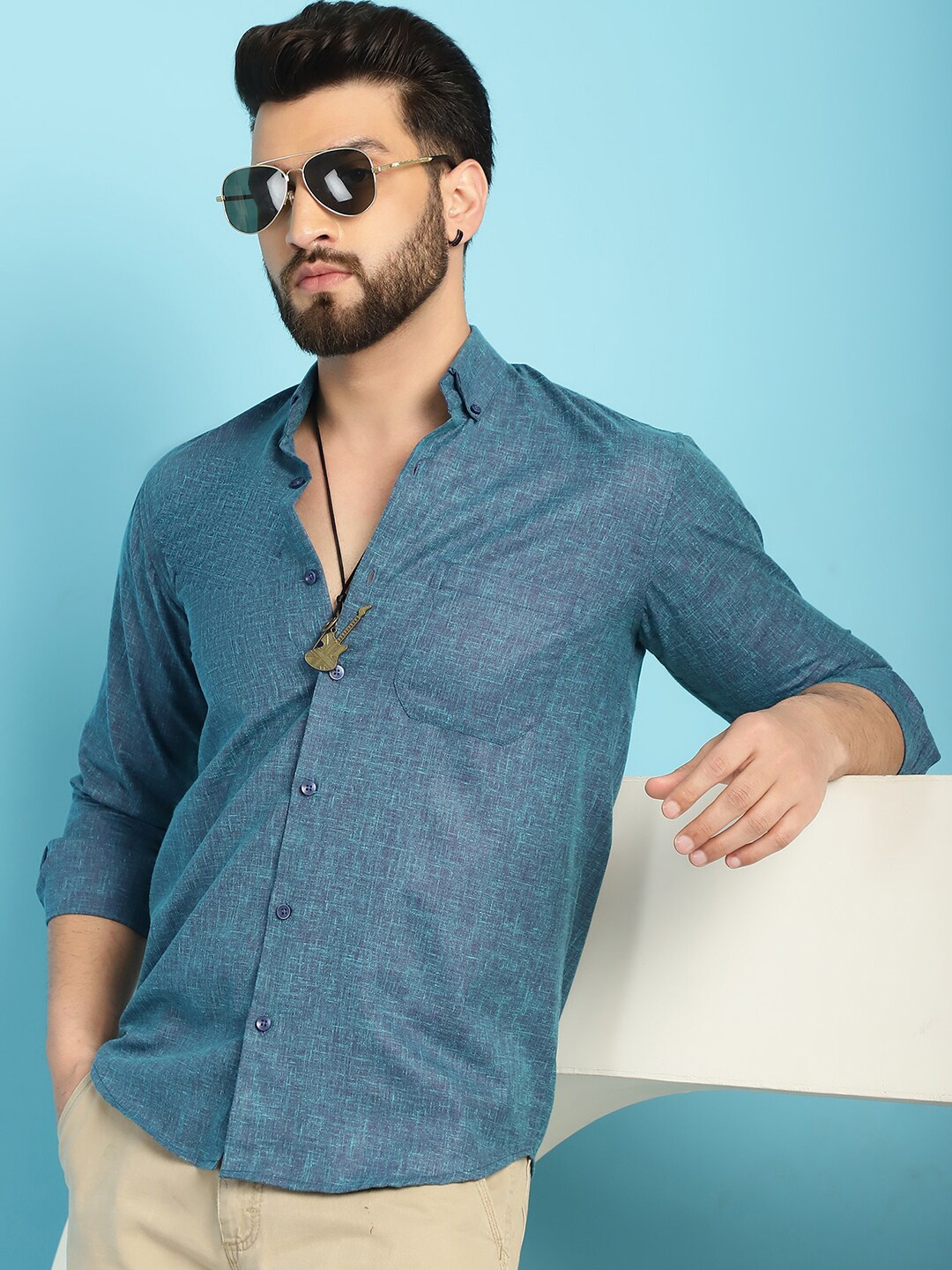 

Indian Needle Spread Collar Cotton Casual Shirt, Teal