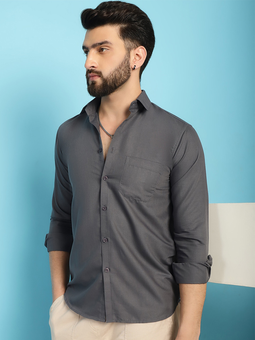 

Indian Needle Classic Spread Collar Casual Shirt, Grey