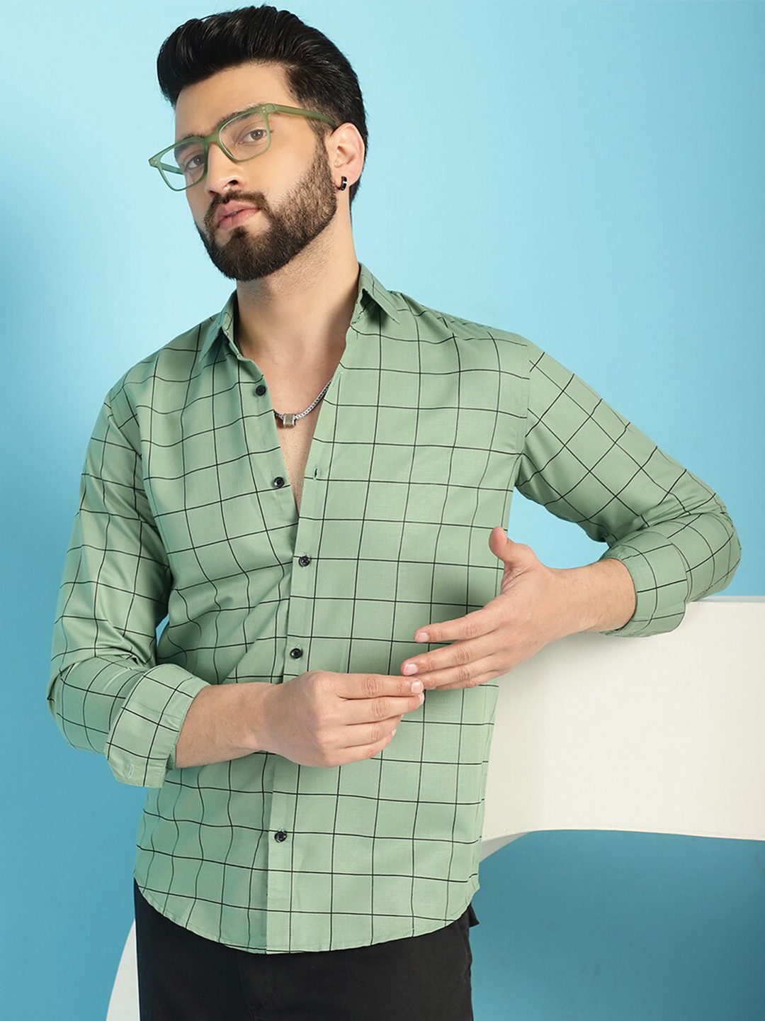 

Indian Needle Classic Windowpane Checked Casual Pure Cotton Shirt, Green