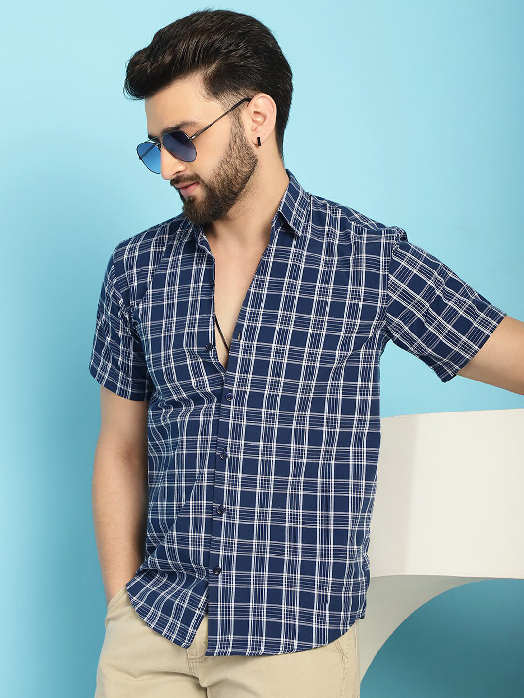 

Indian Needle Classic Tartan Checked Casual Pure Cotton Shirt, Blue
