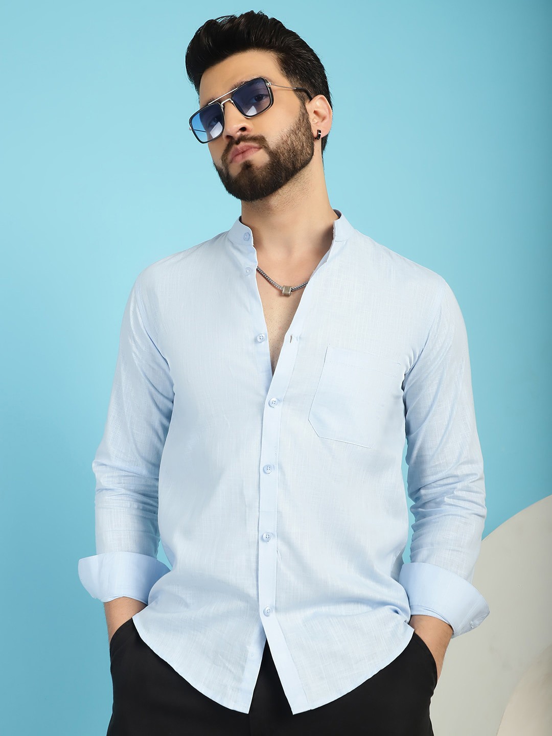 

Indian Needle Mandarin Collar Classic Casual Shirt, Blue