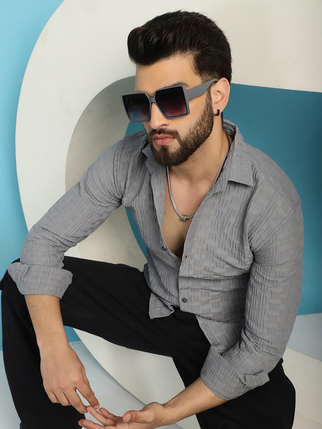 

Indian Needle Classic Woven Design Spread Collar Wrinkle Free Casual Shirt, Grey