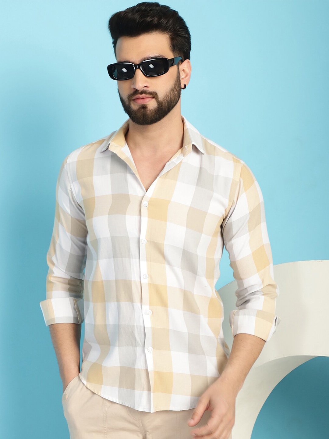 

Indian Needle Checked Spread Collar Cotton Casual Shirt, Cream