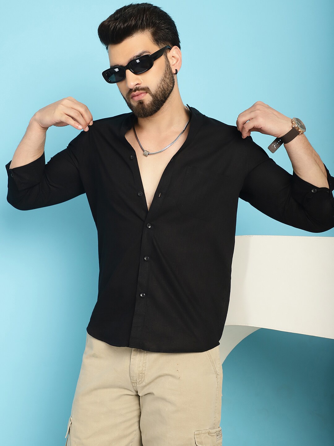 

Indian Needle Classic Mandarin Collar Long Sleeves Cotton Casual Shirt, Black
