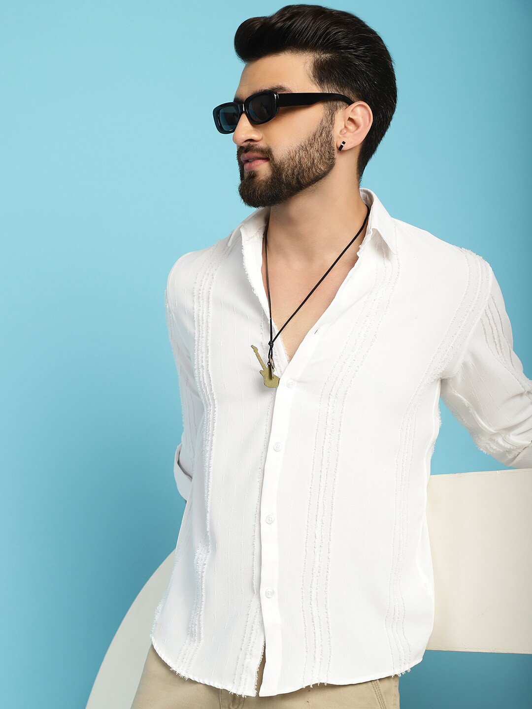 

Indian Needle Classic Self Design Spread Collar Wrinkle Free Casual Shirt, White