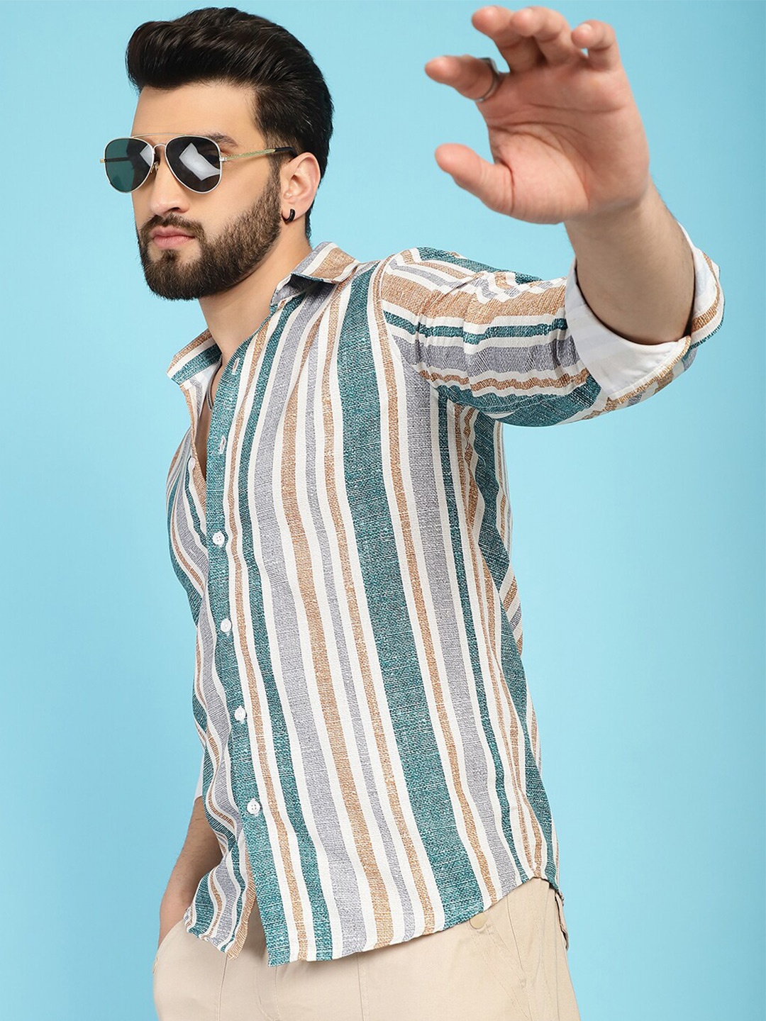 

Indian Needle Classic Vertical Stripes Spread Collar Long Sleeves Cotton Casual Shirt, Green