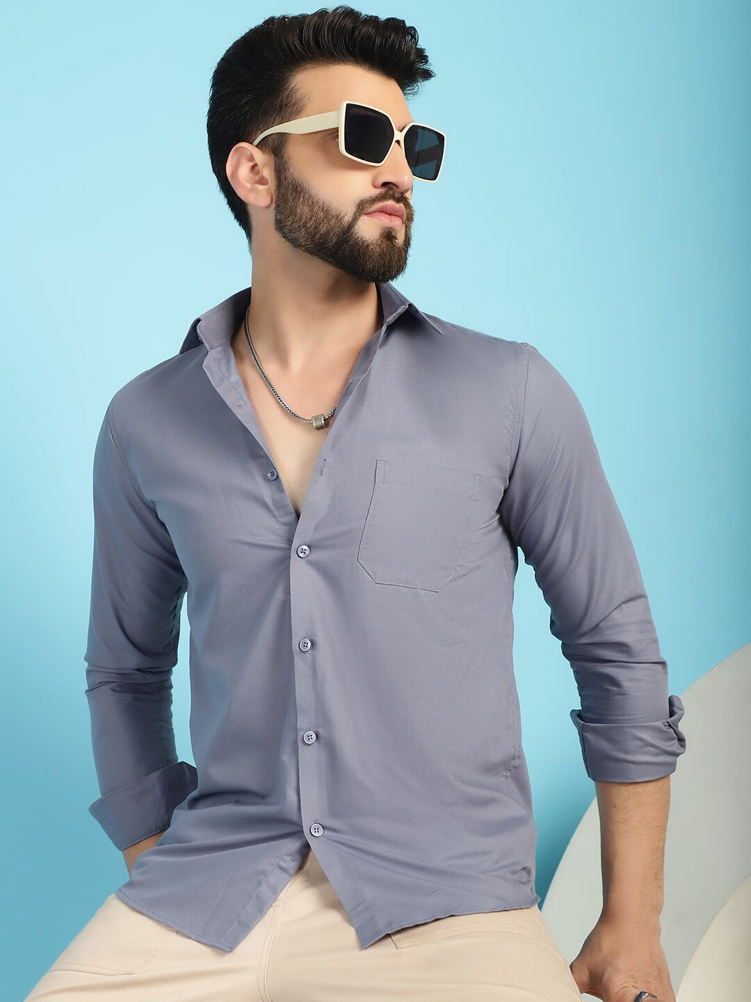 

Indian Needle Spread Collar Classic Casual Shirt, Grey