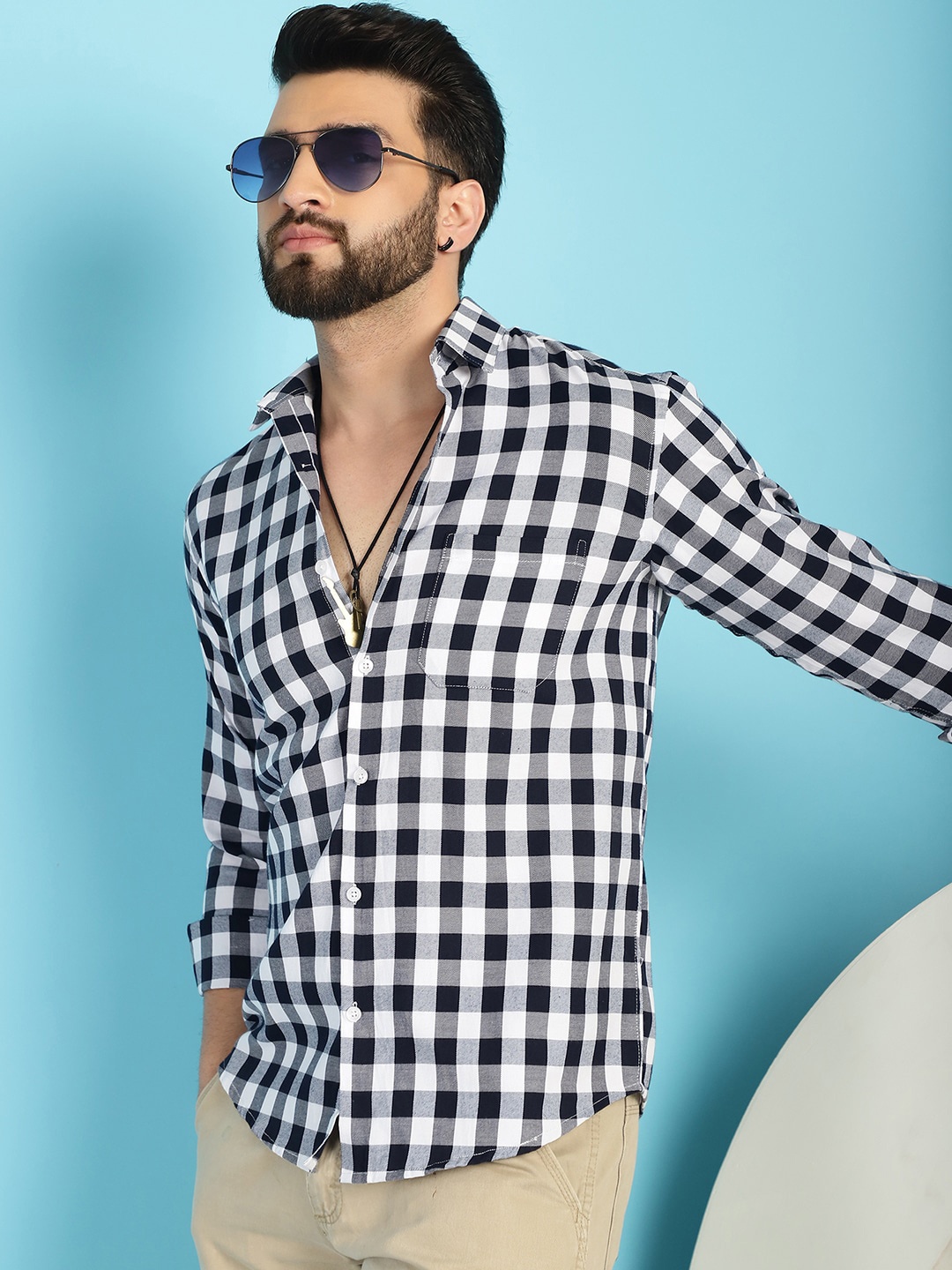 

Indian Needle Classic Gingham Checked Casual Pure Cotton Shirt, Navy blue