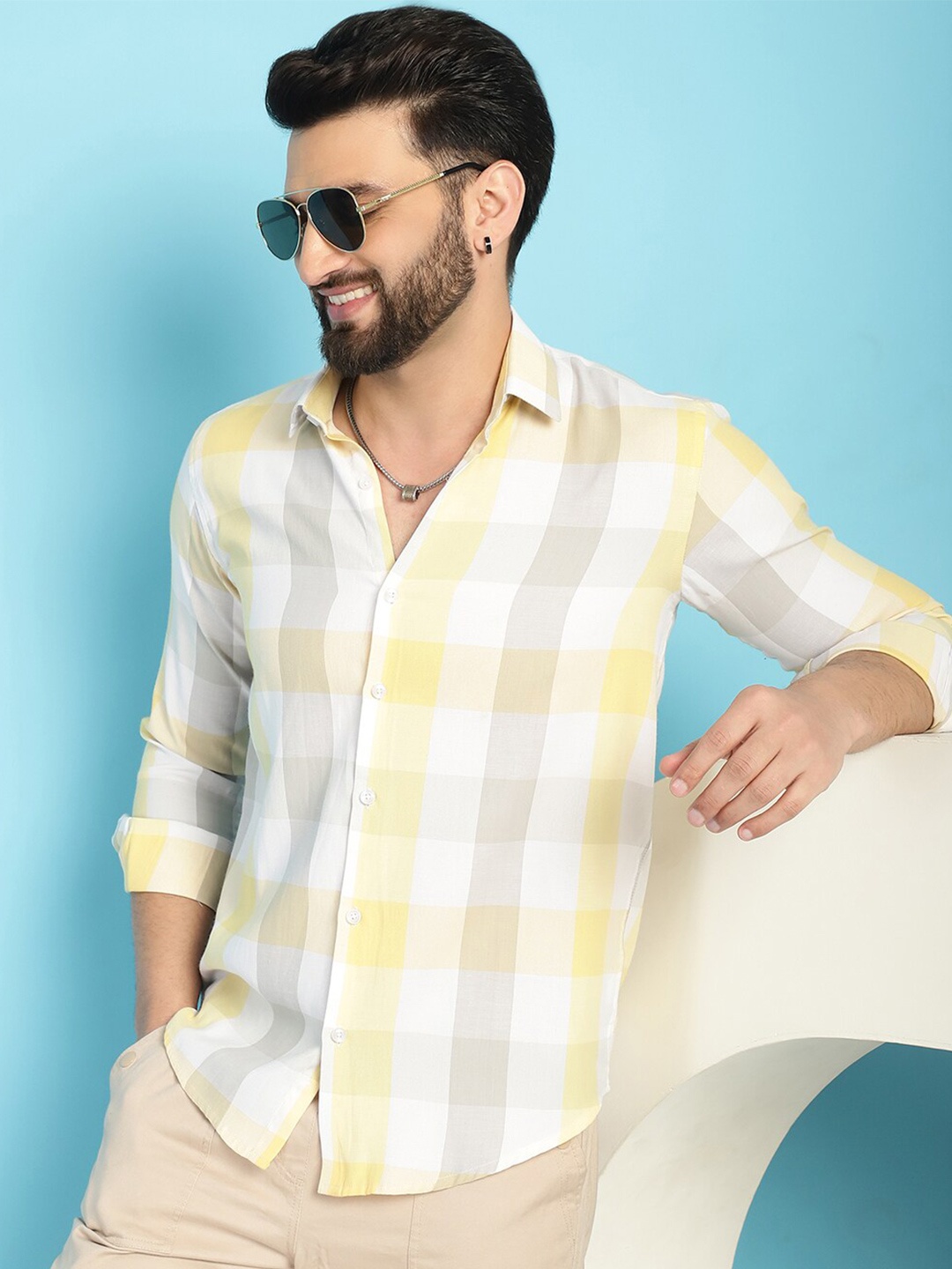 

Indian Needle Checked Spread Collar Cotton Casual Shirt, Yellow
