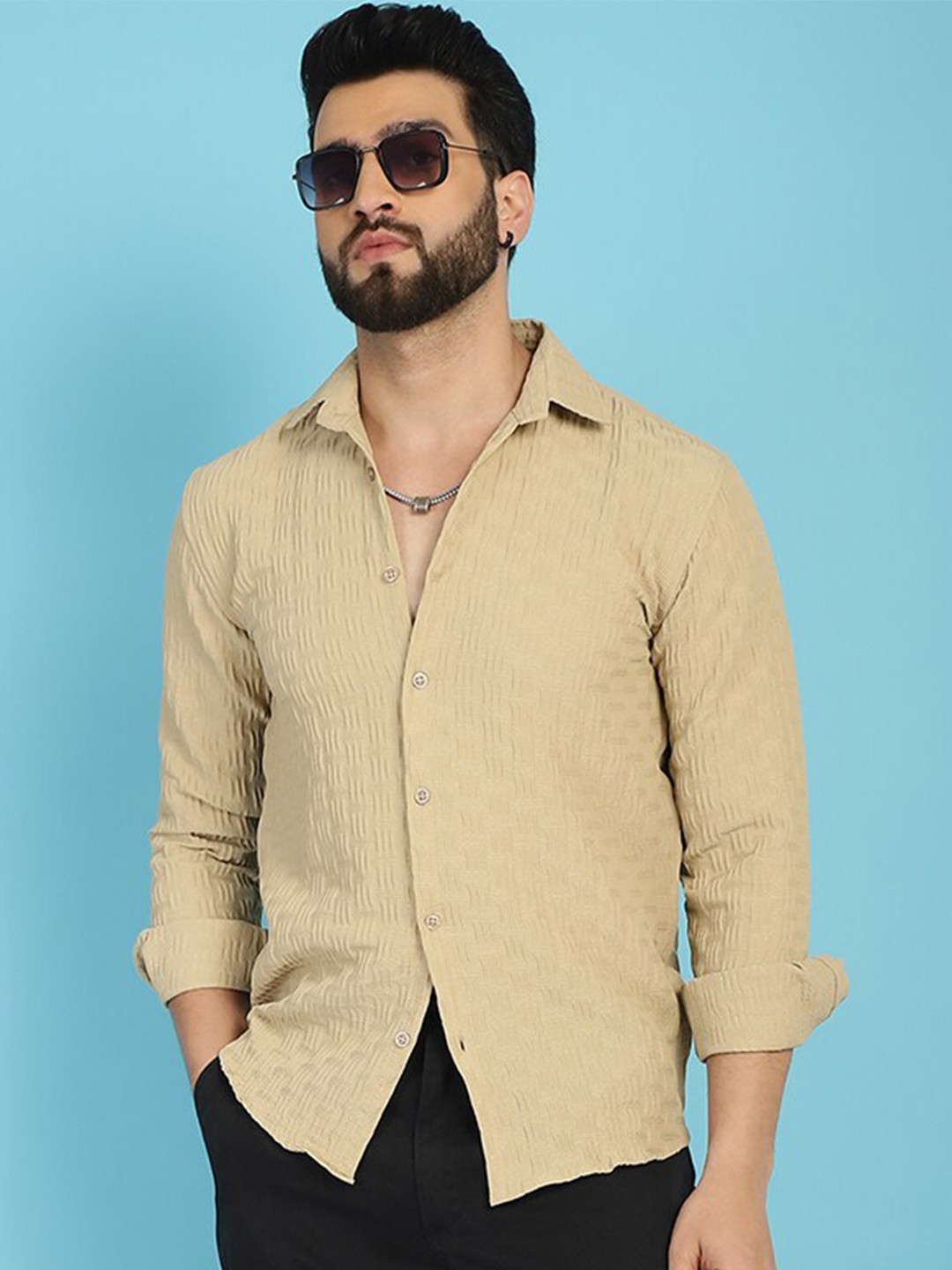 

Indian Needle Spread Collar Self Design Classic Wrinkle Free Casual Shirt, Beige