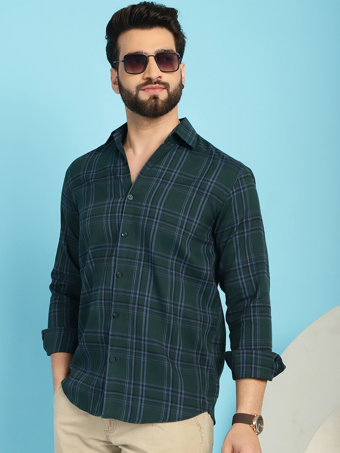 

Indian Needle Spread Collar Classic Checked Casual Pure Cotton Shirt, Green