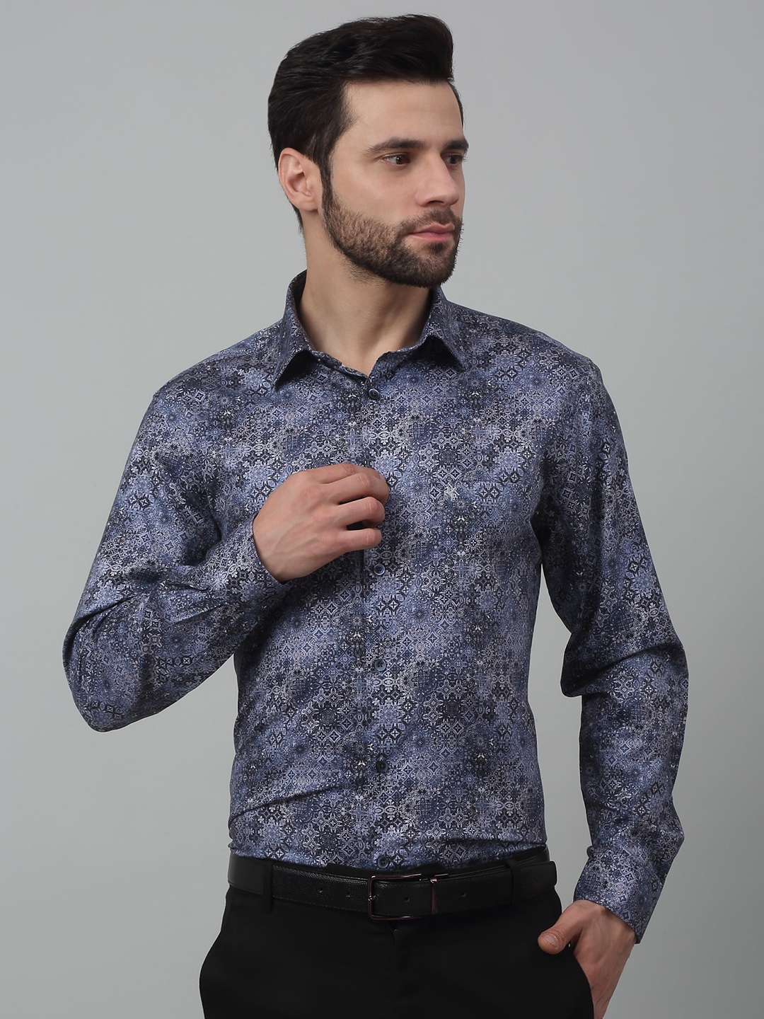 

Cantabil Comfort Floral Printed Spread Collar Party Shirt, Navy blue