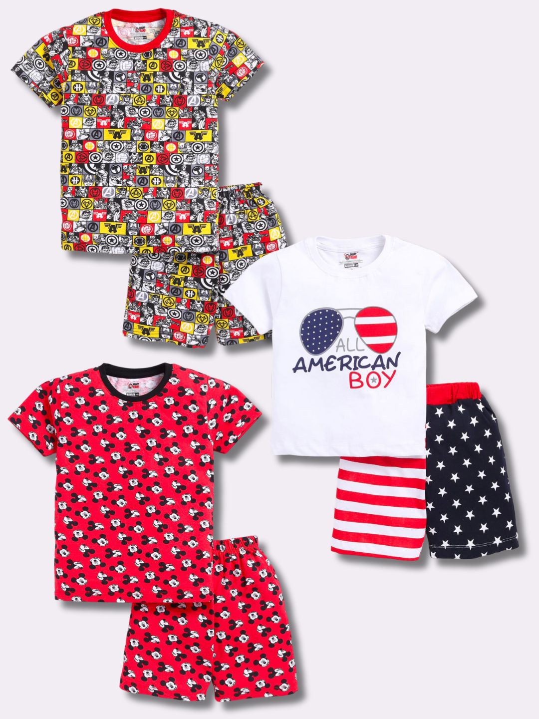 

SmartRAHO Boys Pack Of 3 Printed Pure Cotton T-shirt with Shorts, White