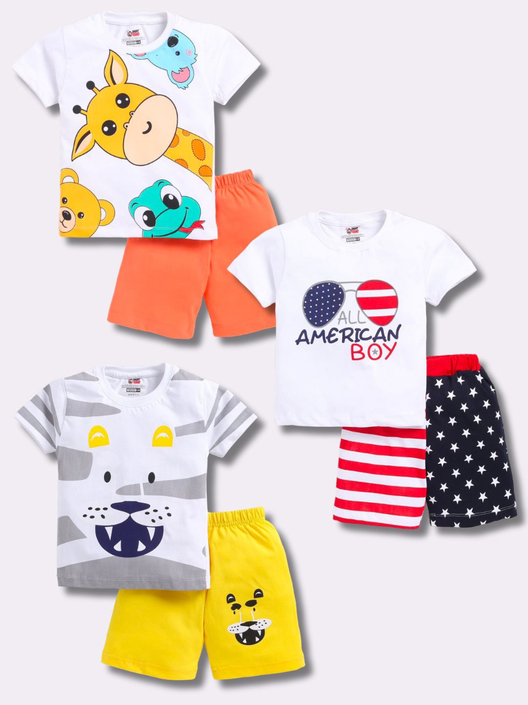 

SmartRAHO Boys Pack Of 3 Printed Pure Cotton T-Shirt With Shorts, White