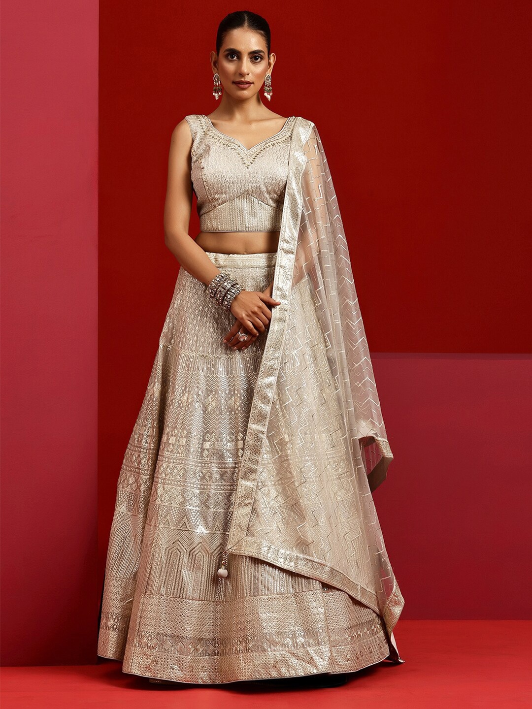 

Libas Art Embellished Ready to Wear Lehenga & Padded Blouse With Dupatta, Grey