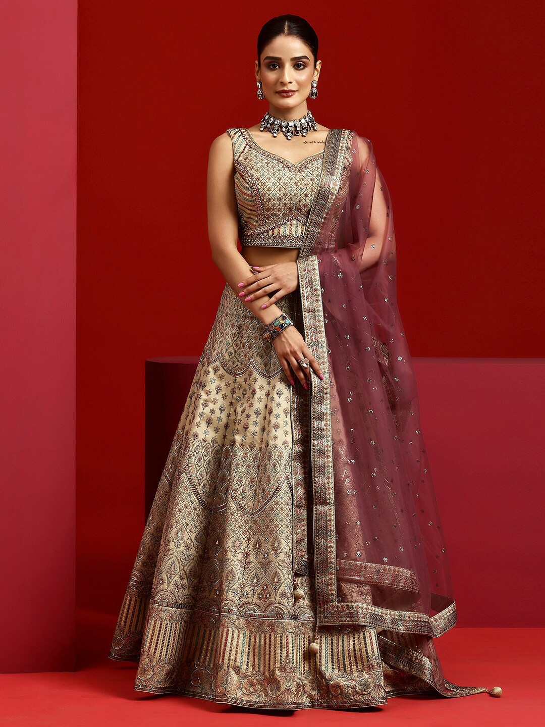 

Libas Art Floral Embroidered Sequinned Ready to Wear Lehenga & Padded Blouse With Dupatta, Olive