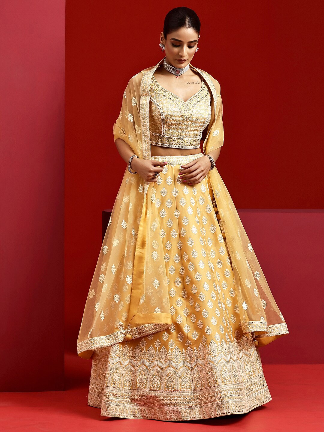 

Libas Art Ethnic Motifs Embroidered Ready to Wear Lehenga & Padded Blouse With Dupatta, Yellow