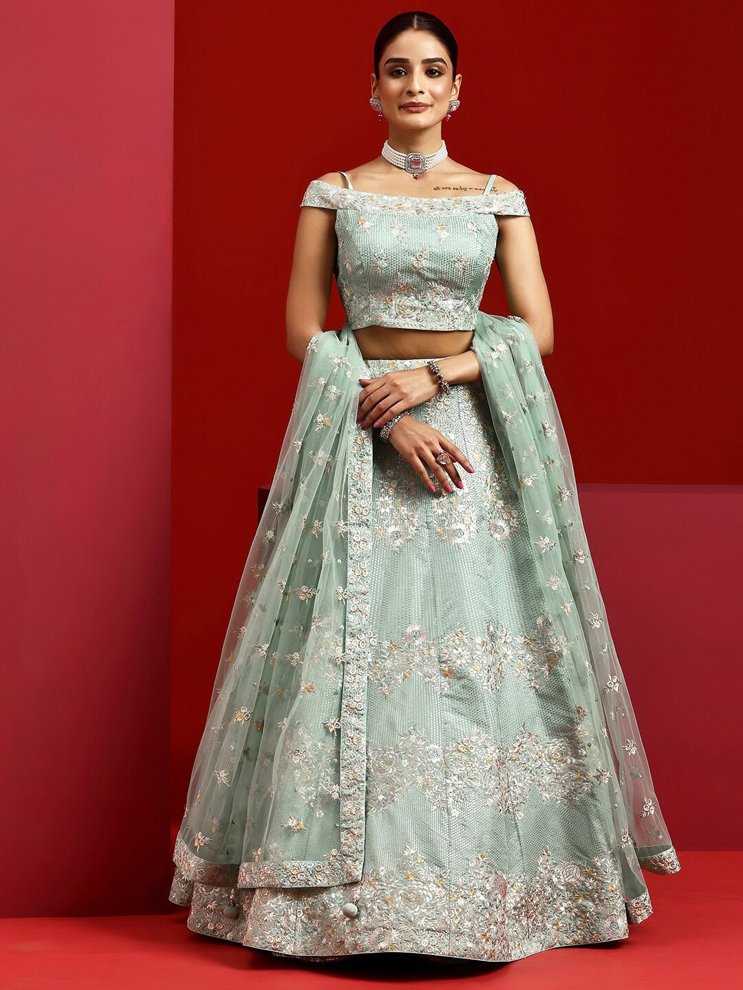 

Libas Art Embroidered Sequinned Ready to Wear Lehenga & Padded Blouse With Dupatta, Green