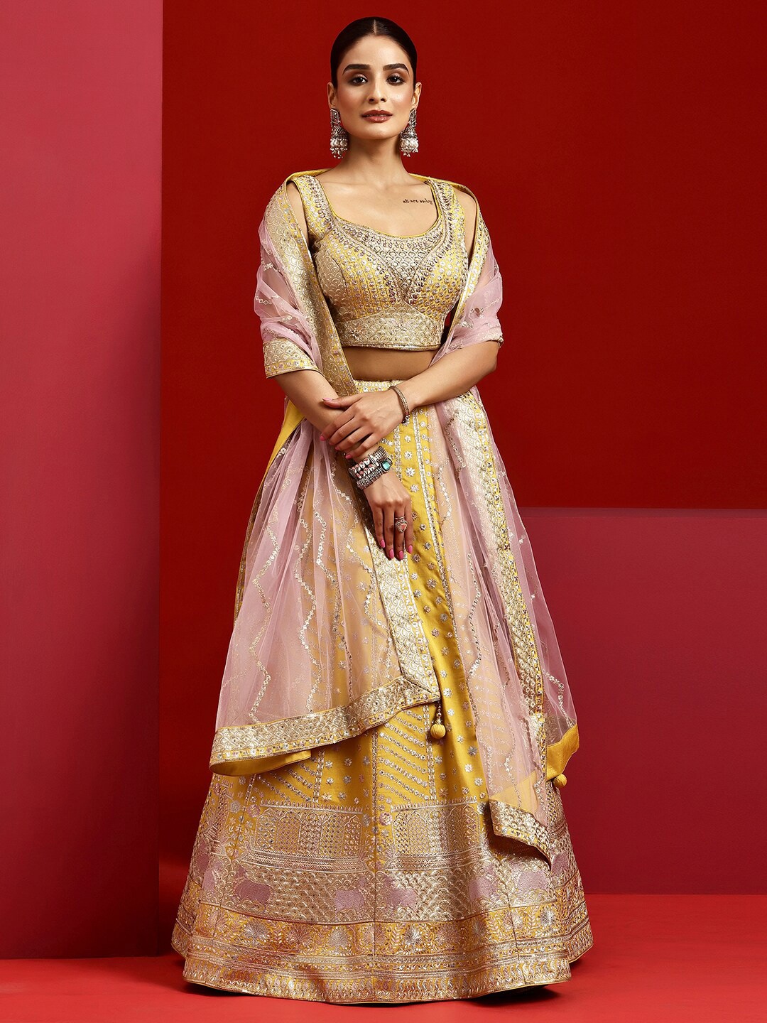 

Libas Art Embellished Sequinned Ready to Wear Lehenga & Padded Blouse With Dupatta, Yellow