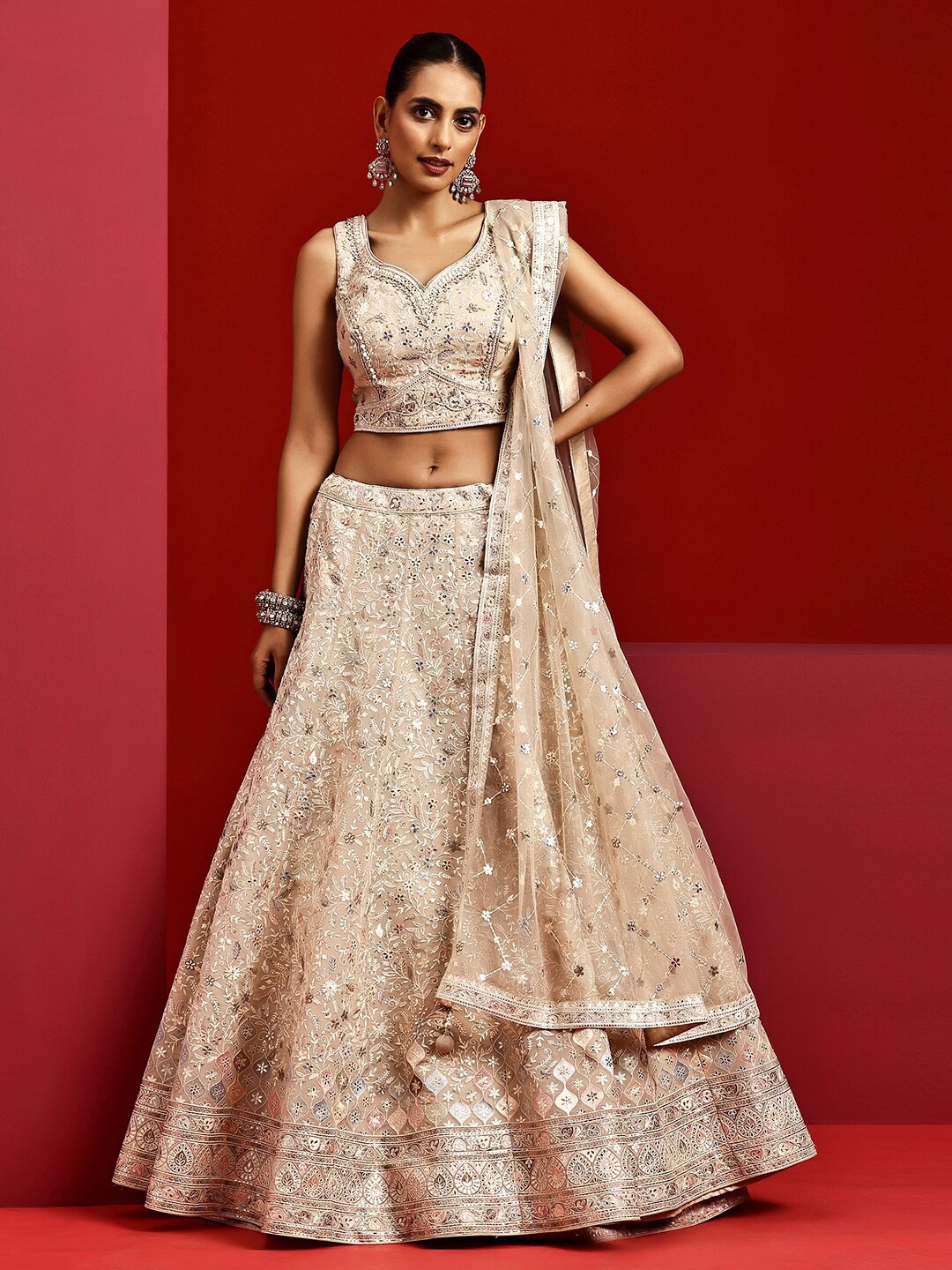 

Libas Art Floral Embroidered Sequinned Ready to Wear Lehenga & Padded Blouse With Dupatta, Beige