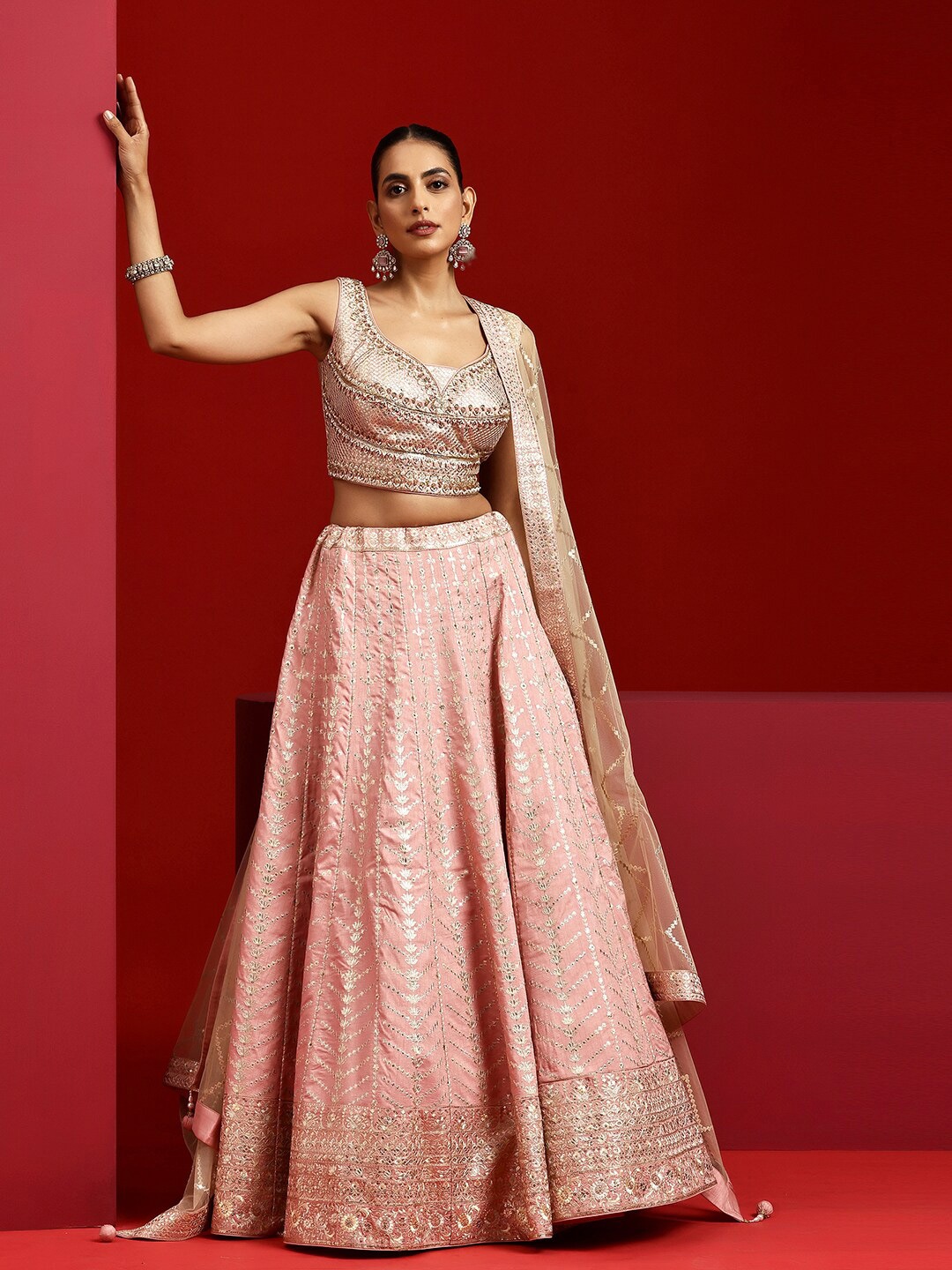 

Libas Art Embellished Beads and Stones Ready to Wear Lehenga & Padded Blouse With Dupatta, Pink