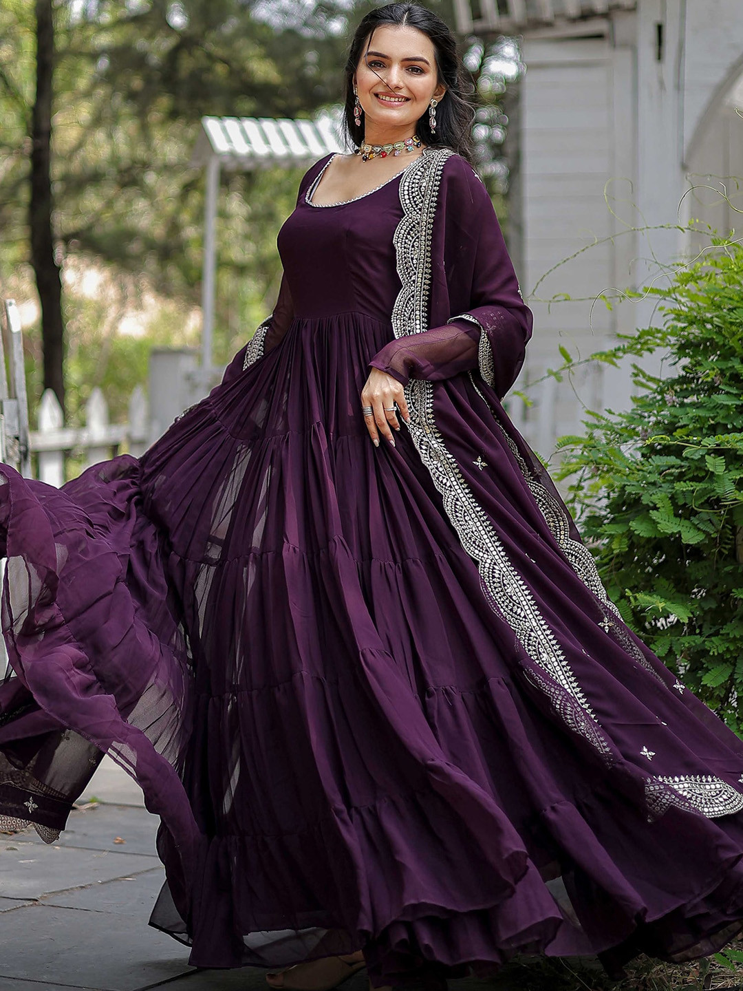 

ESTELA Embroidered Flared Ethnic Maxi Gown Dresses With Dupatta, Purple