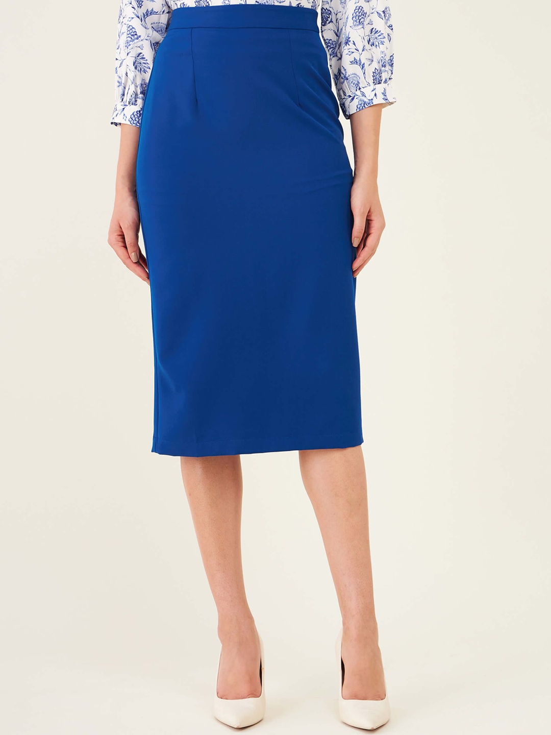 

SALT ATTIRE Back Slit Straight Knee Length Skirt, Blue