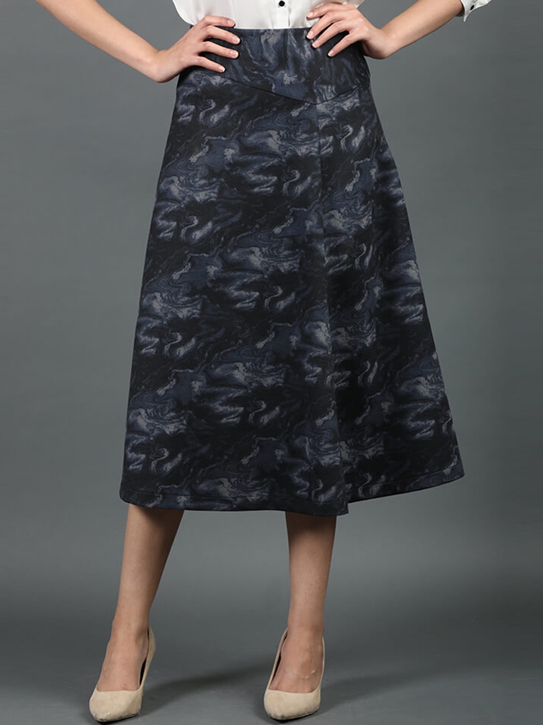 

SALT ATTIRE Abstract Printed Midi A-Line Skirt, Navy blue