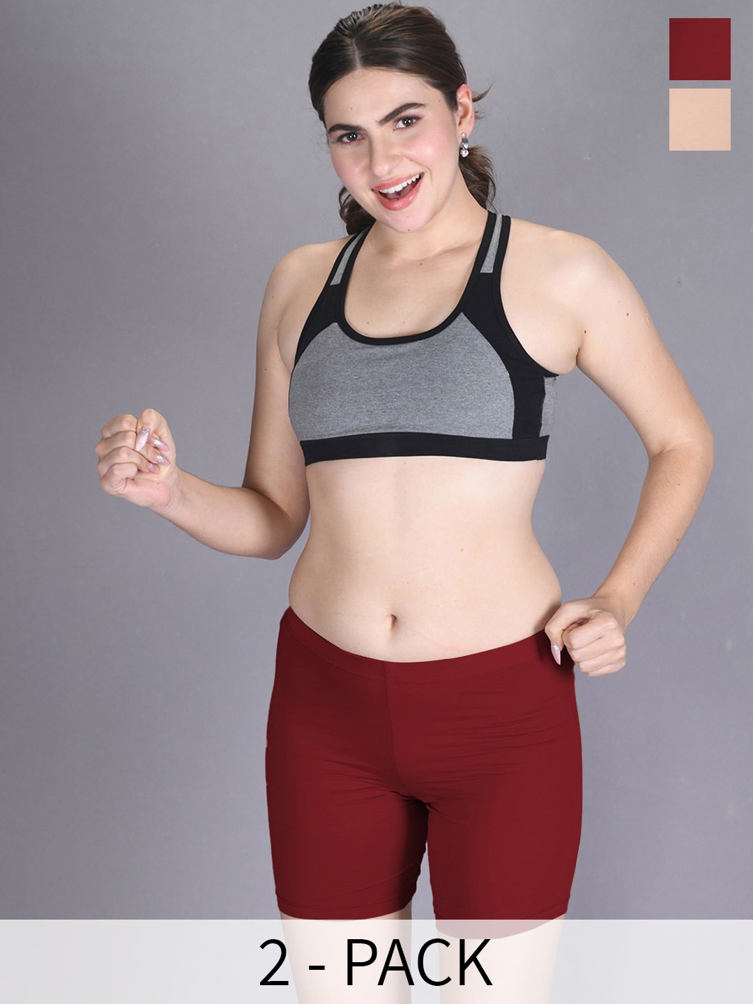 

LYRA Women Pack Of 2 Skinny Fit Cycling Sports Shorts, Maroon