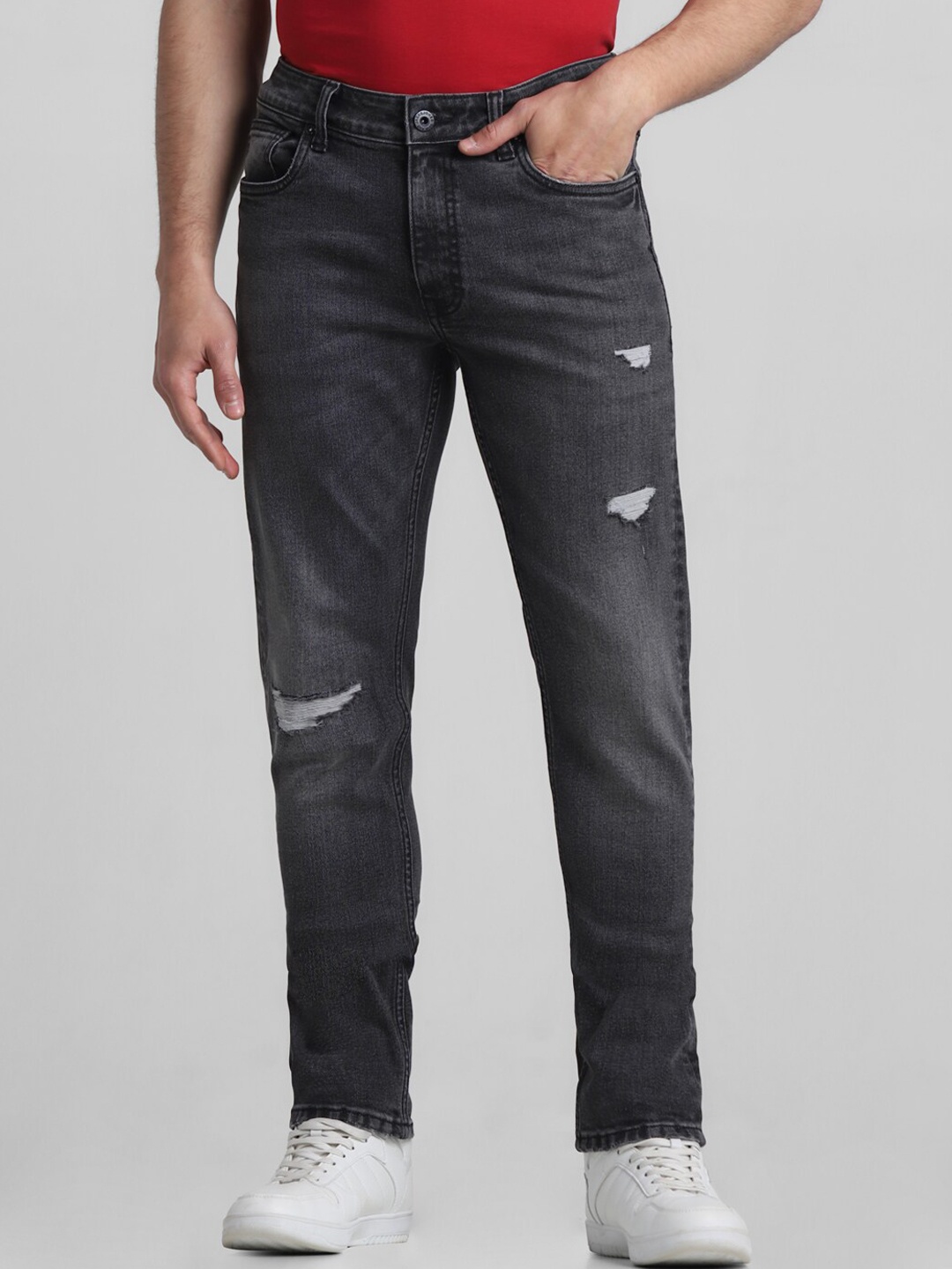 

Jack & Jones Men Ben Straight Fit Low-Rise Mildly Distressed Heavy Fade Stretchable Jeans, Grey