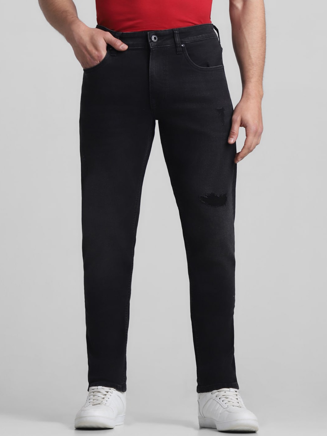 

Jack & Jones Men Mid-Rise Slim Fit Low Distress Stretchable Jeans, Black